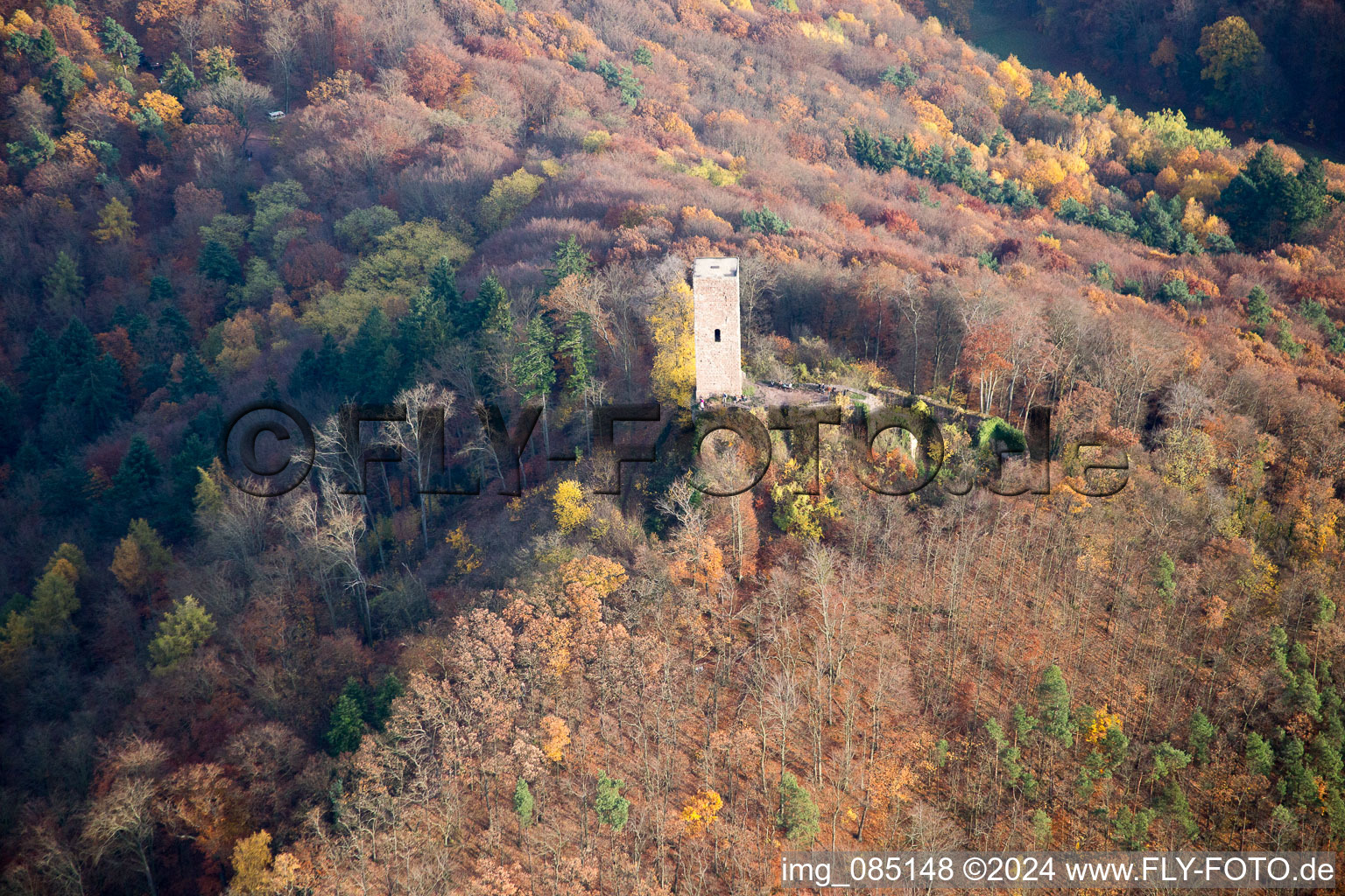 Aerial photograpy of Scharfenberg Castle Ruins, called "Münz in Leinsweiler in the state Rhineland-Palatinate, Germany