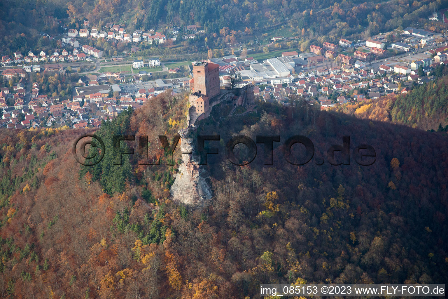Aerial view of Trifels climbing rock in Annweiler am Trifels in the state Rhineland-Palatinate, Germany