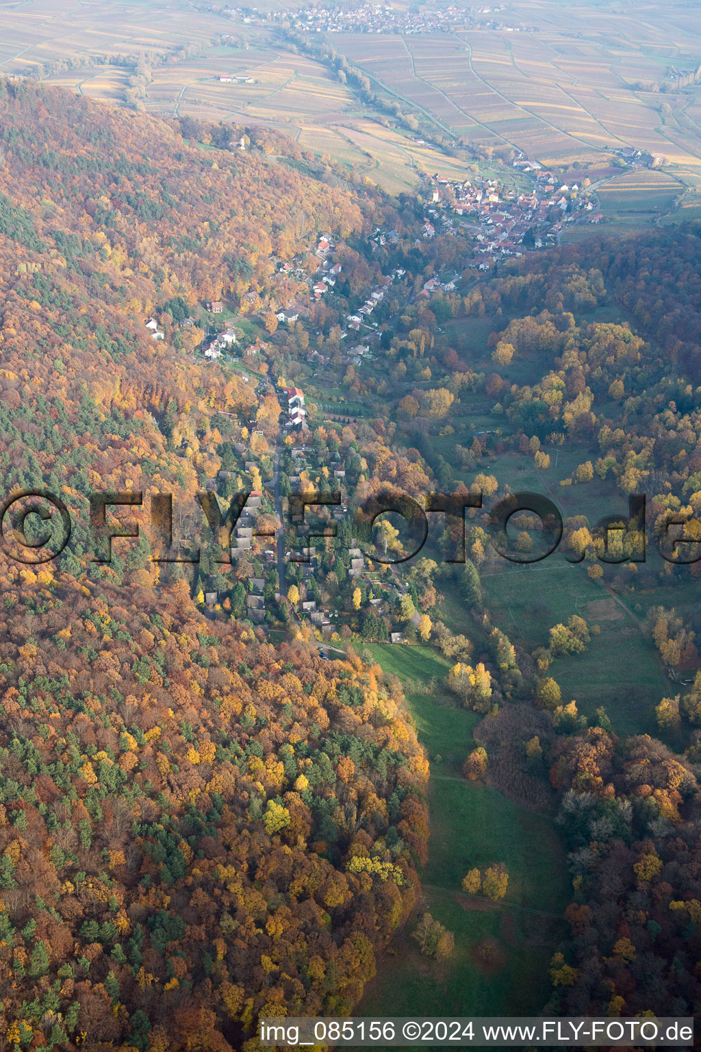 Oblique view of Birnbach Valley in Leinsweiler in the state Rhineland-Palatinate, Germany