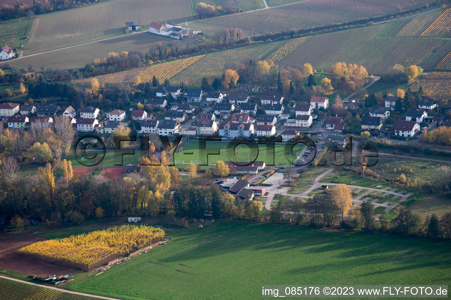Aerial photograpy of Sports fields in the district Ingenheim in Billigheim-Ingenheim in the state Rhineland-Palatinate, Germany