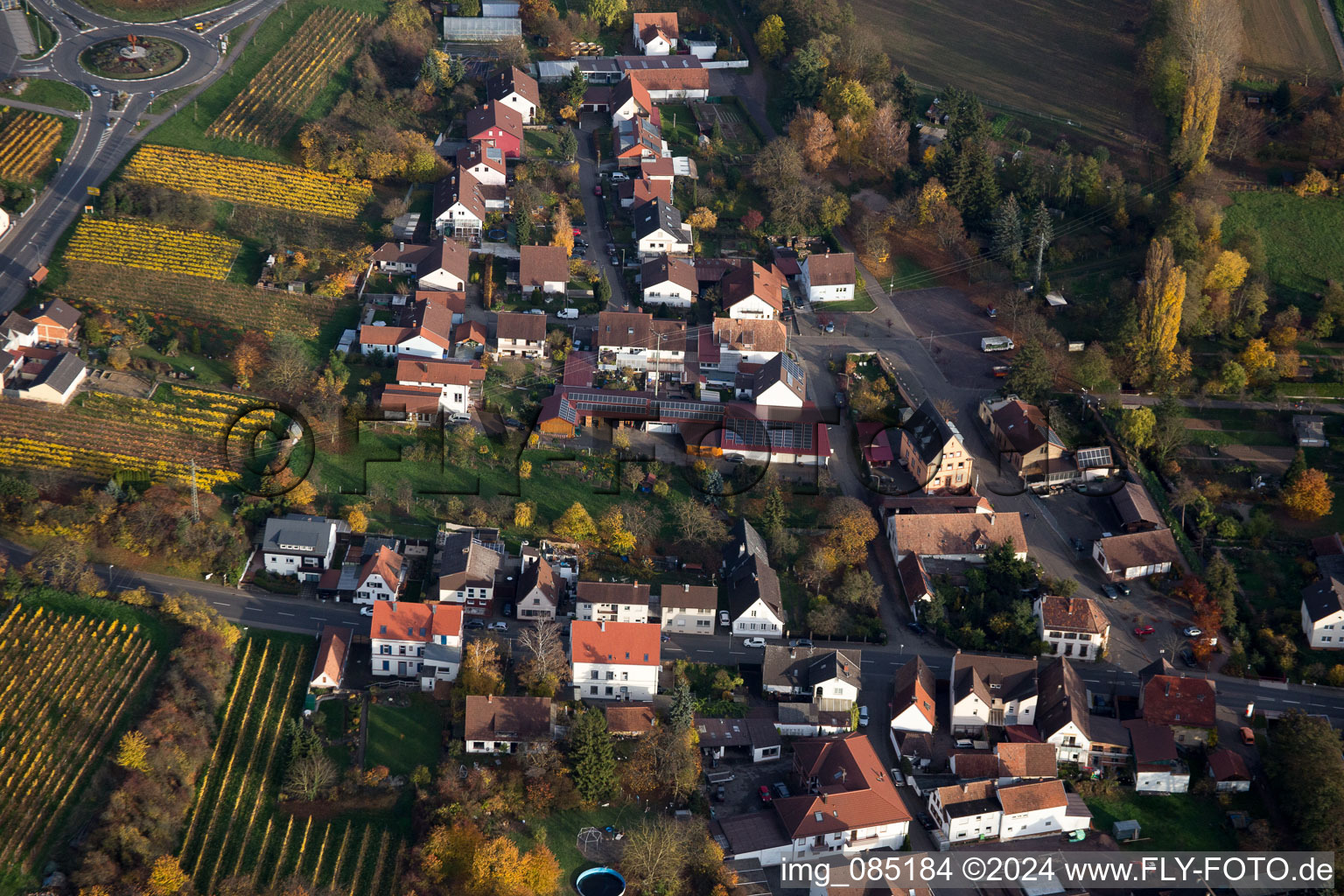 Drone image of District Ingenheim in Billigheim-Ingenheim in the state Rhineland-Palatinate, Germany