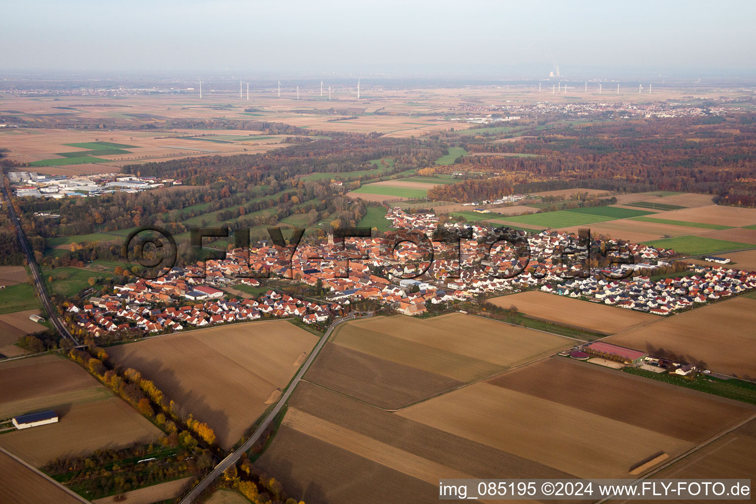 Steinweiler in the state Rhineland-Palatinate, Germany seen from a drone