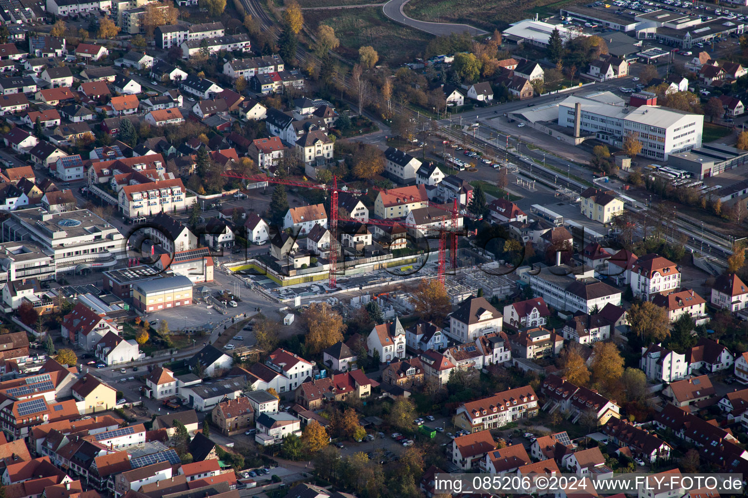 Bird's eye view of In the city center" New building of RiBa GmbH between Bismarck- and Gartenstr in Kandel in the state Rhineland-Palatinate, Germany