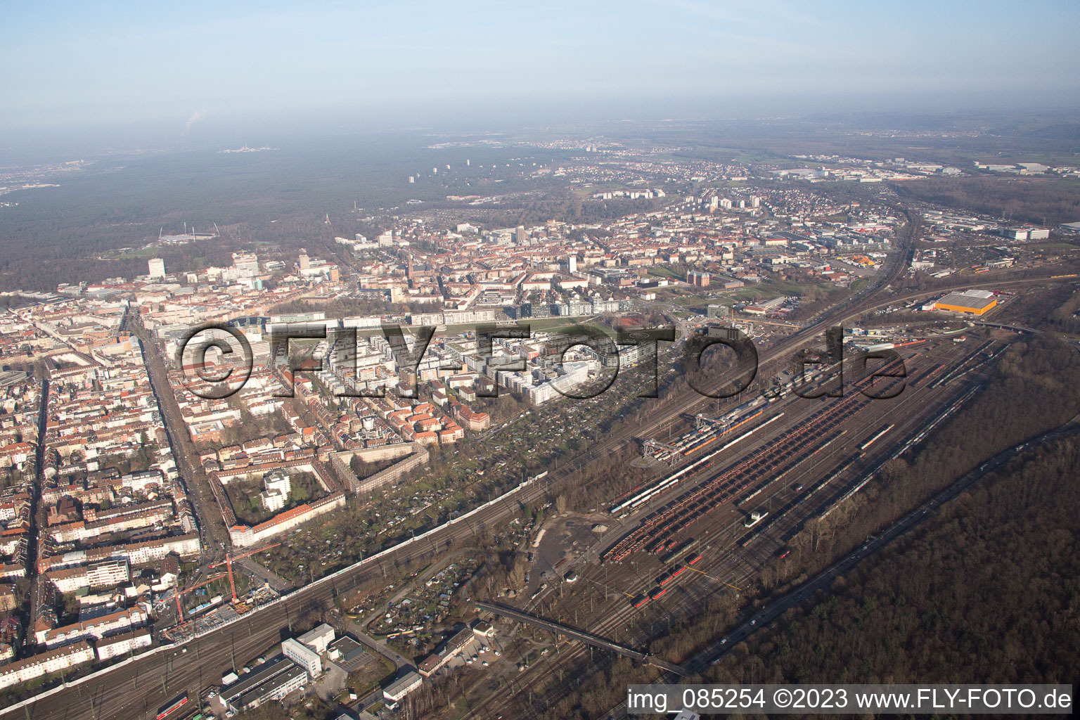 District Oststadt in Karlsruhe in the state Baden-Wuerttemberg, Germany seen from above