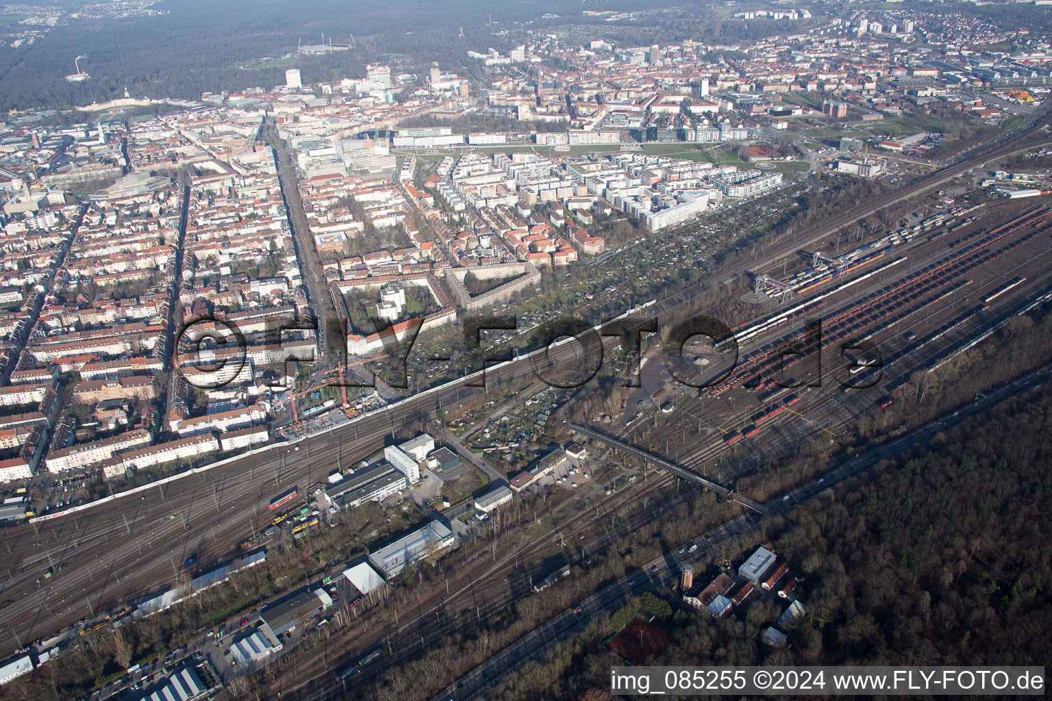 District Oststadt in Karlsruhe in the state Baden-Wuerttemberg, Germany from the plane