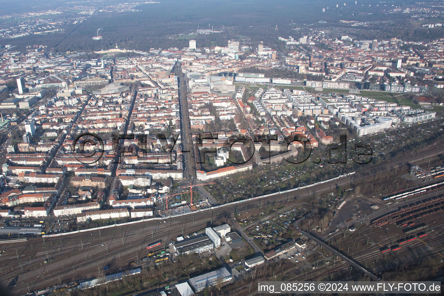 Bird's eye view of District Oststadt in Karlsruhe in the state Baden-Wuerttemberg, Germany