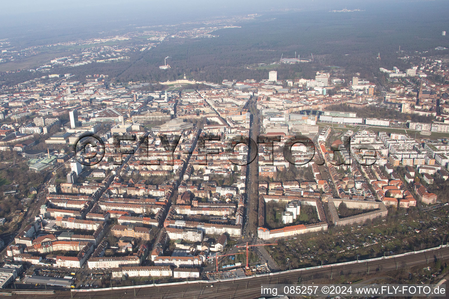 District Oststadt in Karlsruhe in the state Baden-Wuerttemberg, Germany viewn from the air