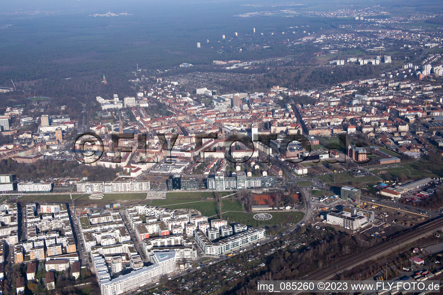 District Rintheim in Karlsruhe in the state Baden-Wuerttemberg, Germany from the plane