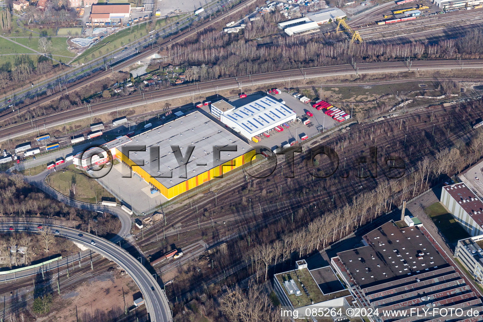 Warehouses and forwarding building of Emons Spedition GmbH and DM Logistikzentrum in the district Oststadt in Karlsruhe in the state Baden-Wurttemberg, Germany