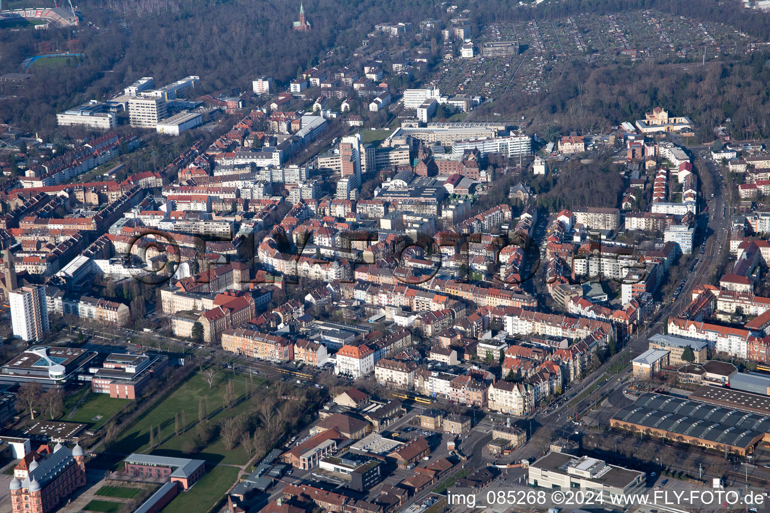 Drone image of District Rintheim in Karlsruhe in the state Baden-Wuerttemberg, Germany