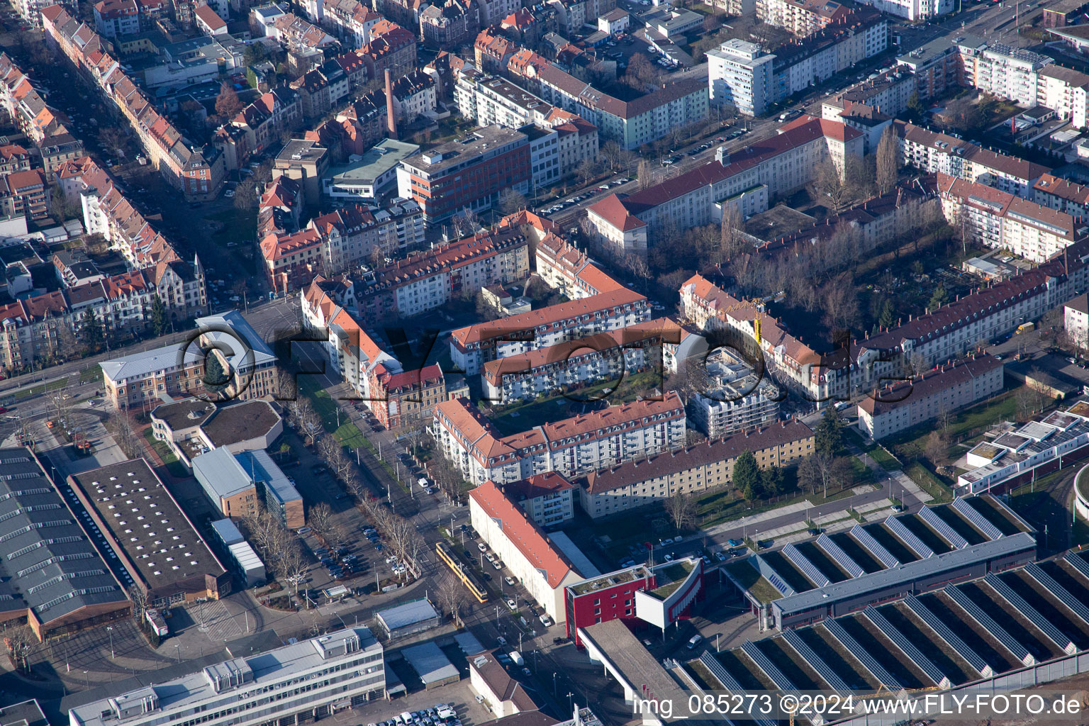 District Rintheim in Karlsruhe in the state Baden-Wuerttemberg, Germany seen from a drone