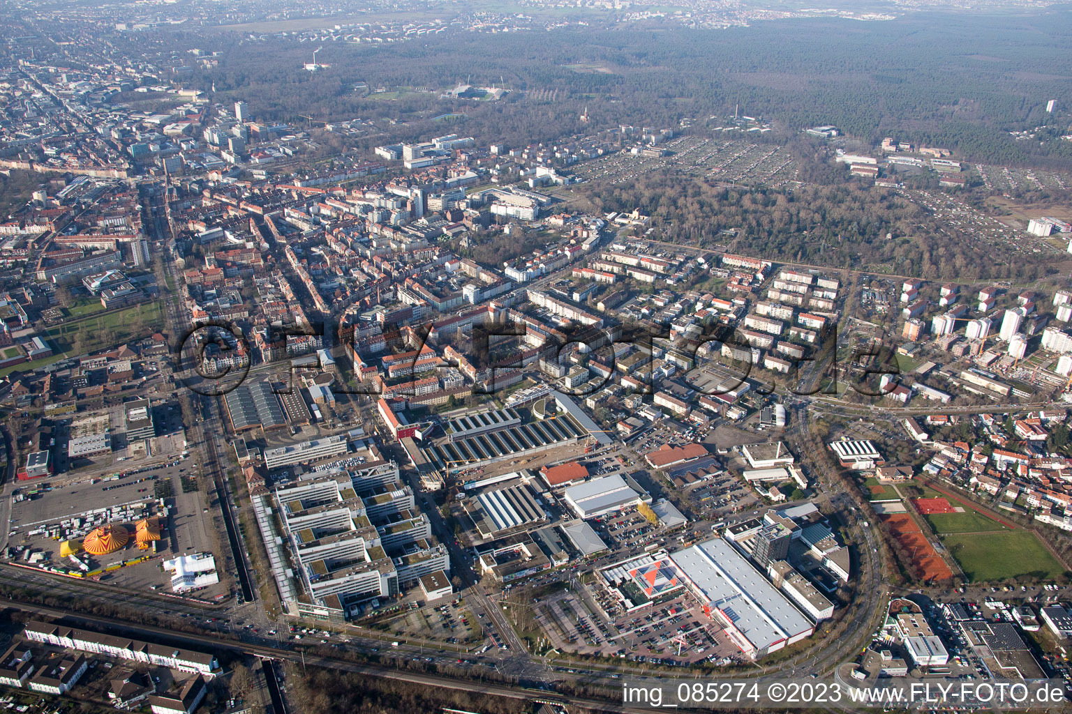 Aerial view of District Rintheim in Karlsruhe in the state Baden-Wuerttemberg, Germany