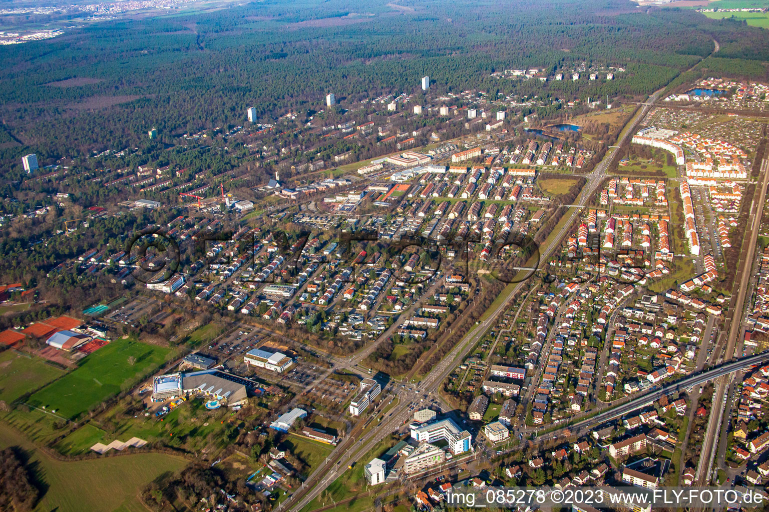 Aerial photograpy of District Hagsfeld in Karlsruhe in the state Baden-Wuerttemberg, Germany