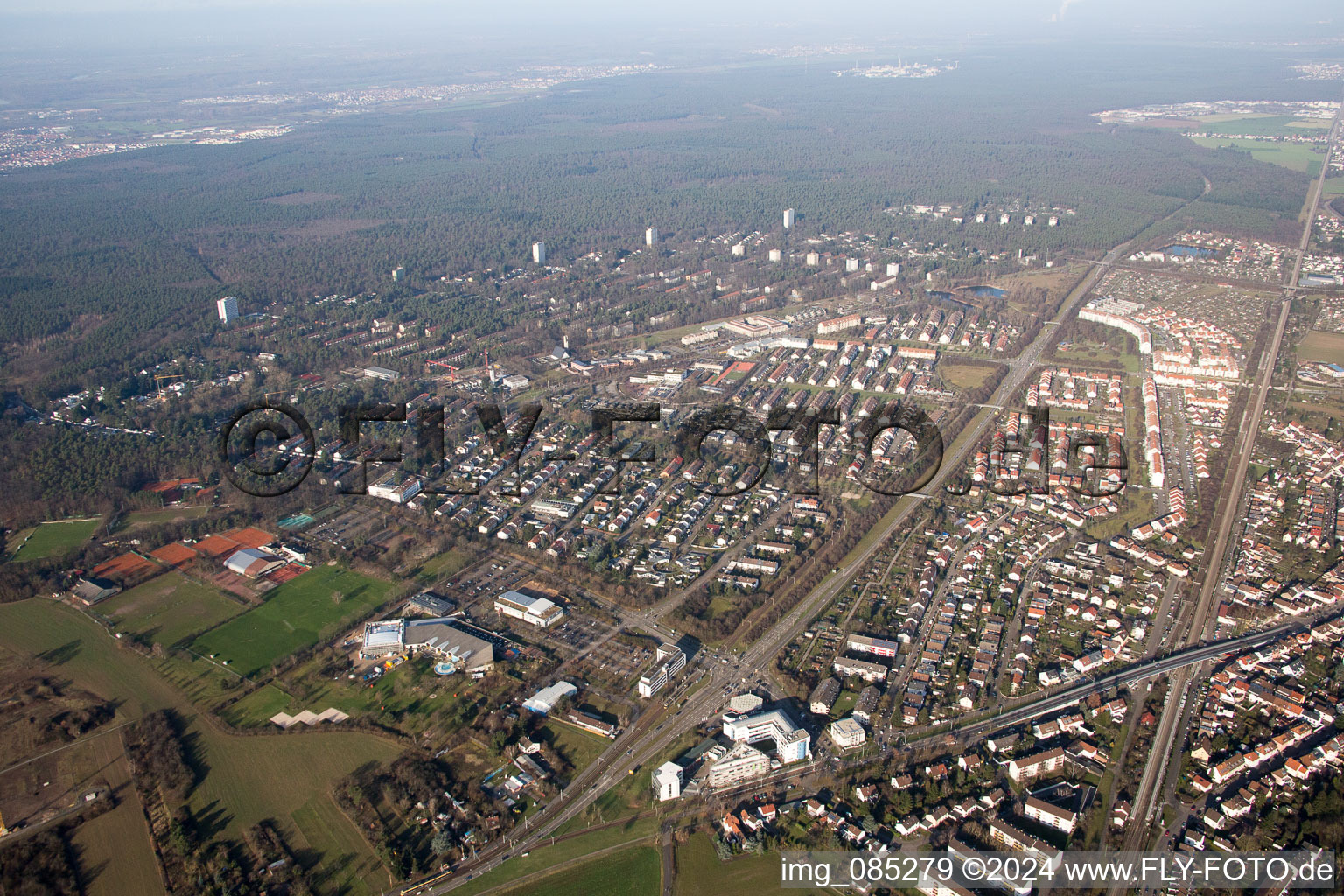 Oblique view of District Hagsfeld in Karlsruhe in the state Baden-Wuerttemberg, Germany