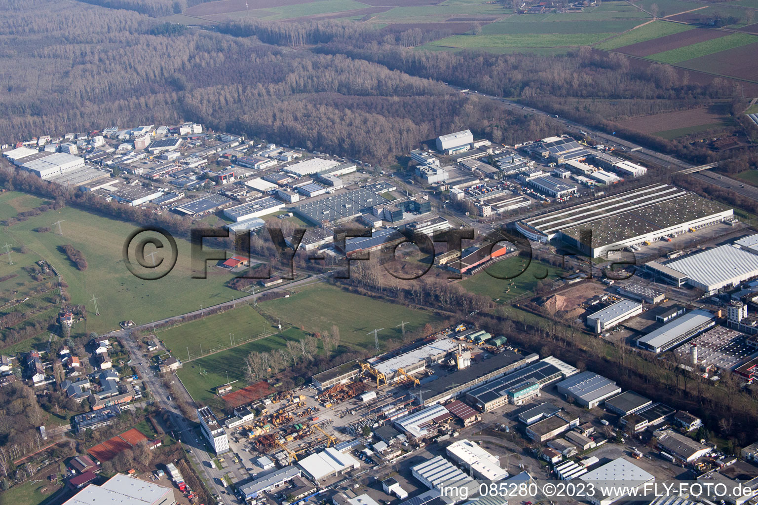 Aerial view of Greschbachstr in the district Grötzingen in Karlsruhe in the state Baden-Wuerttemberg, Germany