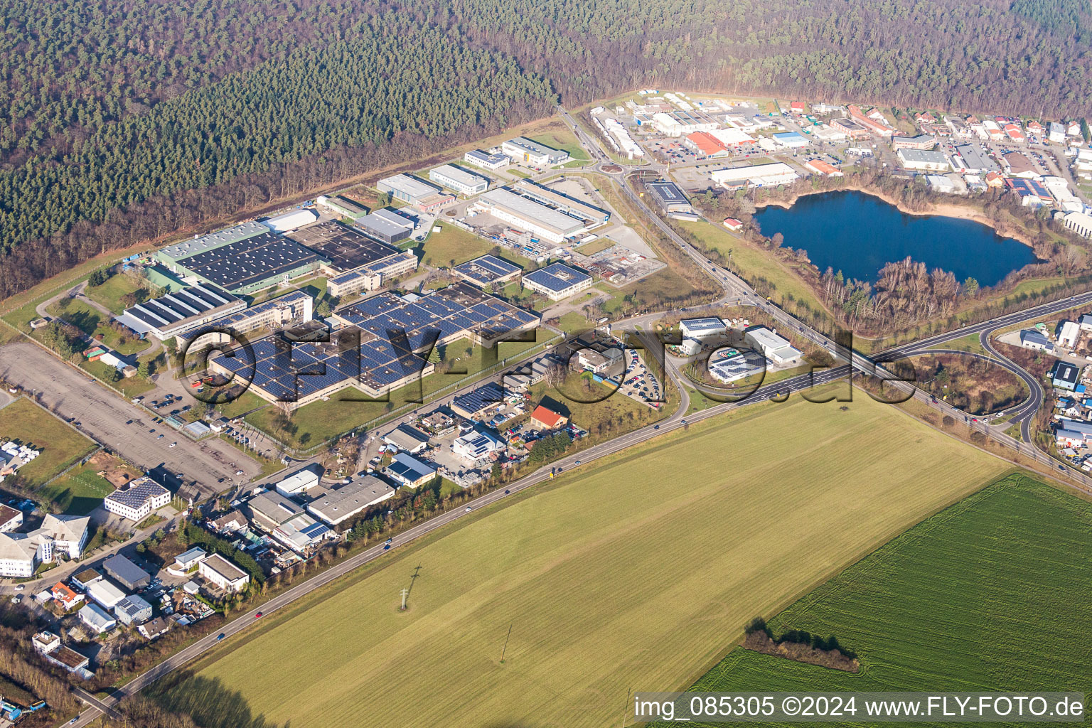 Industrial and commercial area with IWK Verpackungstechnik GmbH in Stutensee in the state Baden-Wurttemberg, Germany