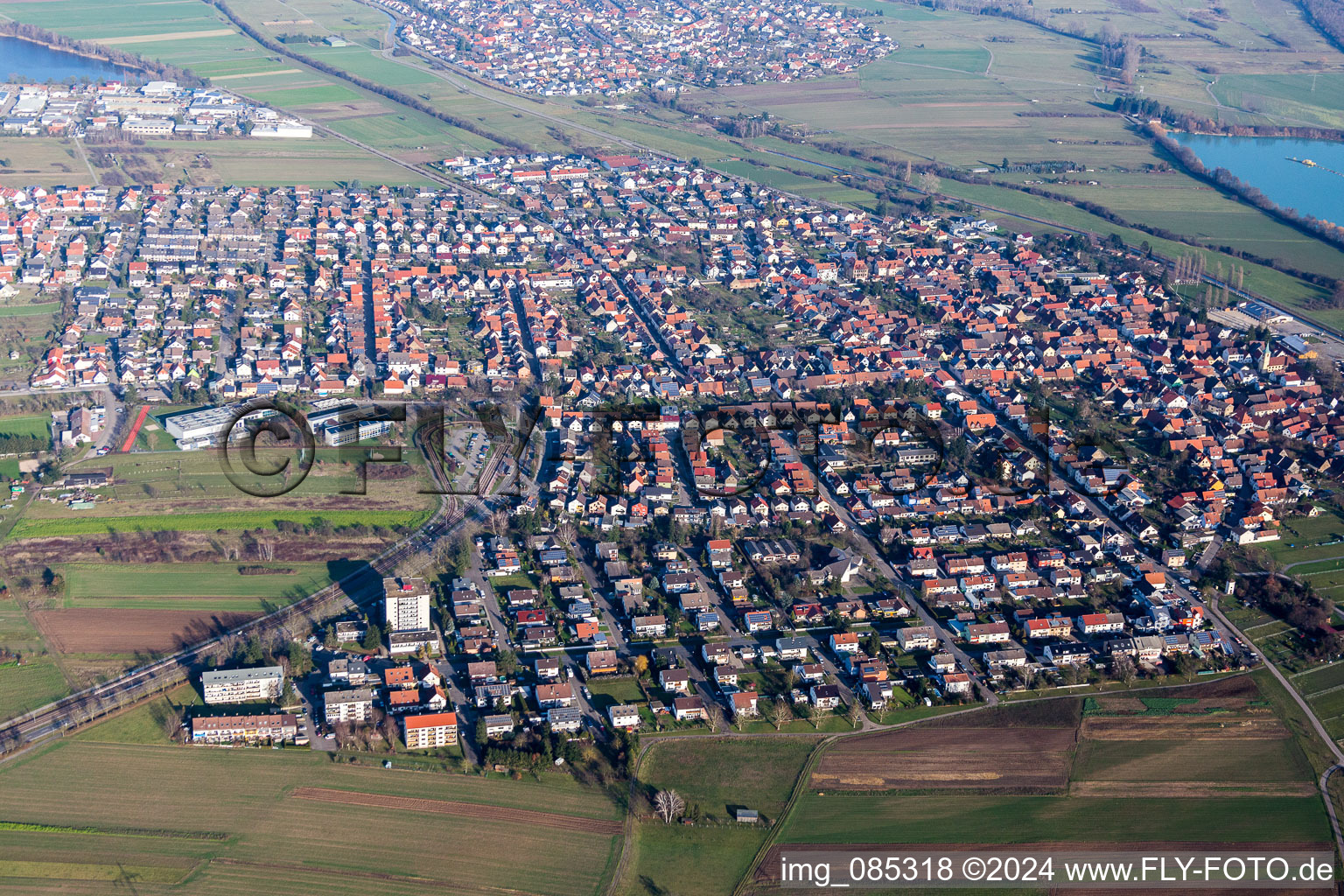 Aerial view of Town View of the streets and houses of the residential areas in the district Spoeck in Stutensee in the state Baden-Wurttemberg, Germany