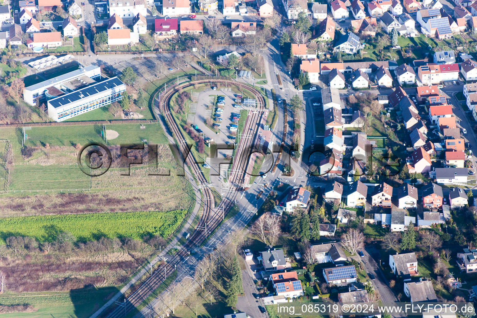 Park and Ride on the Tram terminal Spoeck Richard-Hecht-Schule in the district Spoeck in Stutensee in the state Baden-Wurttemberg, Germany