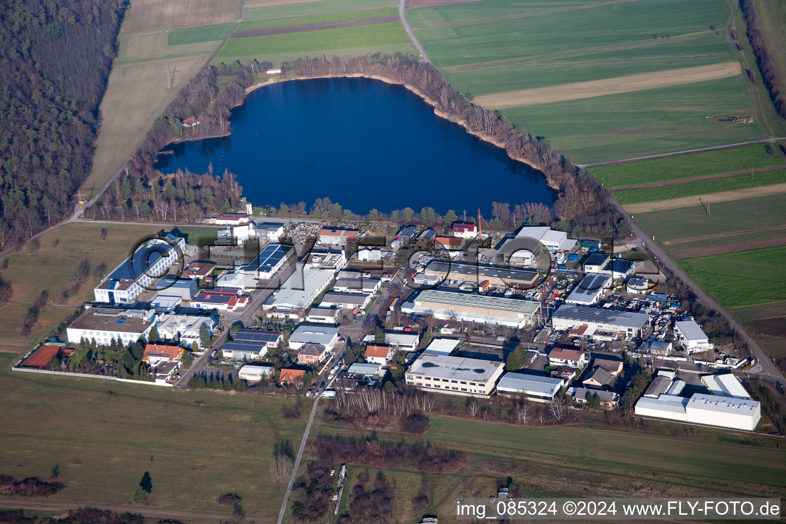 Industrial road at the quarry lake Spöck in the district Spöck in Stutensee in the state Baden-Wuerttemberg, Germany