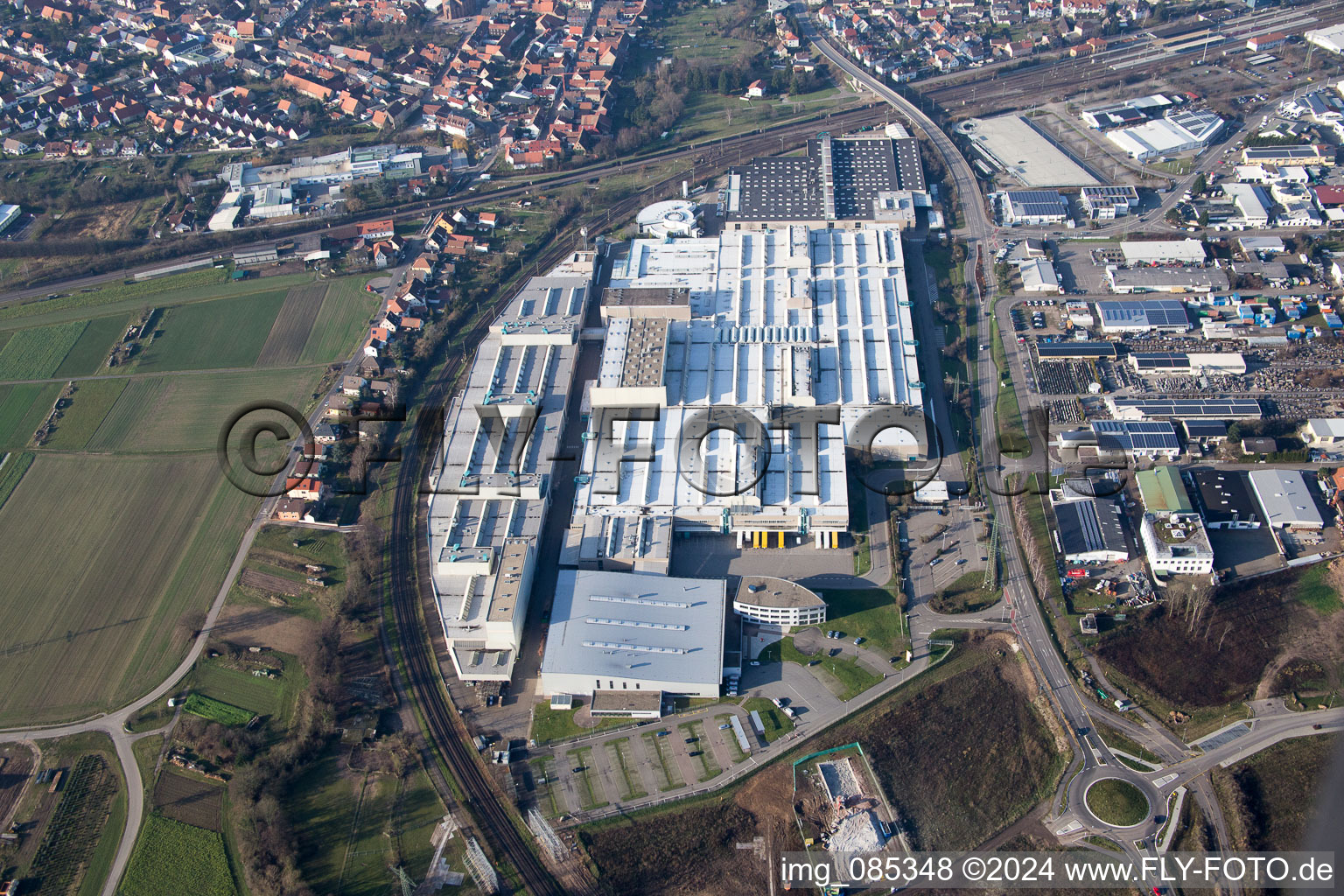 Aerial view of Building and production halls on the premises of SEW-EURODRIVE GmbH & Co KG in Graben-Neudorf in the state Baden-Wurttemberg, Germany