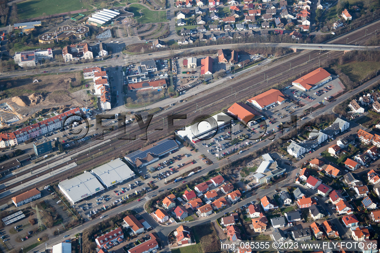 Shopping markets on Heidelbergerstr in the district Graben in Graben-Neudorf in the state Baden-Wuerttemberg, Germany