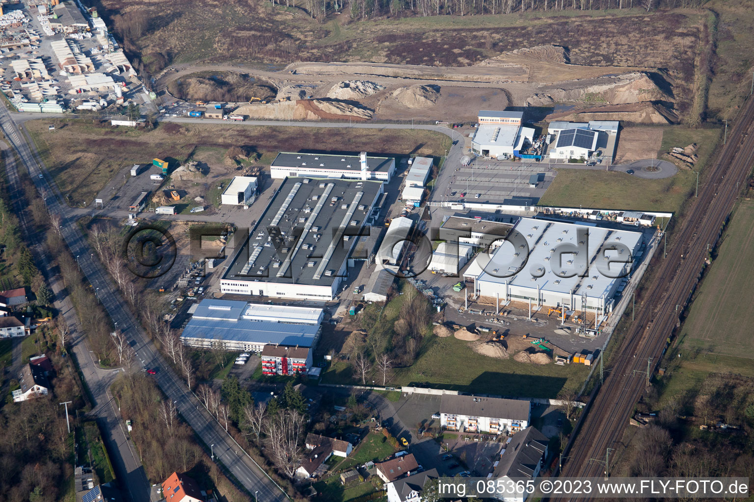 Aerial view of Siemensstr industrial estate in the district Neudorf in Graben-Neudorf in the state Baden-Wuerttemberg, Germany