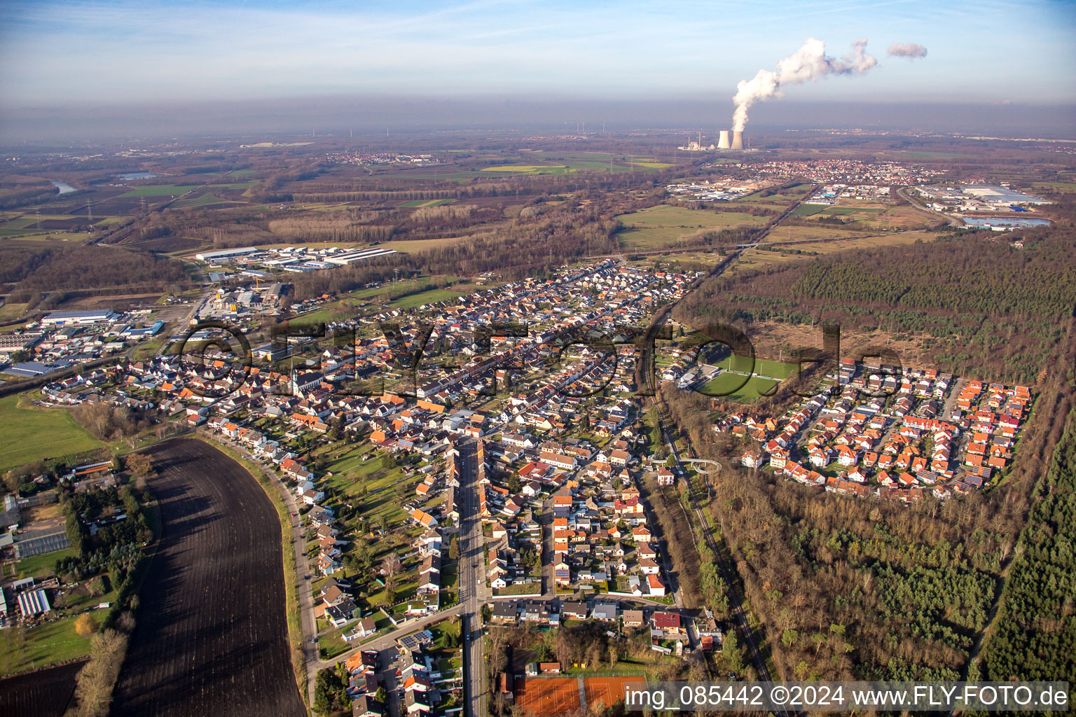 Aerial view of From the southwest in the district Huttenheim in Philippsburg in the state Baden-Wuerttemberg, Germany