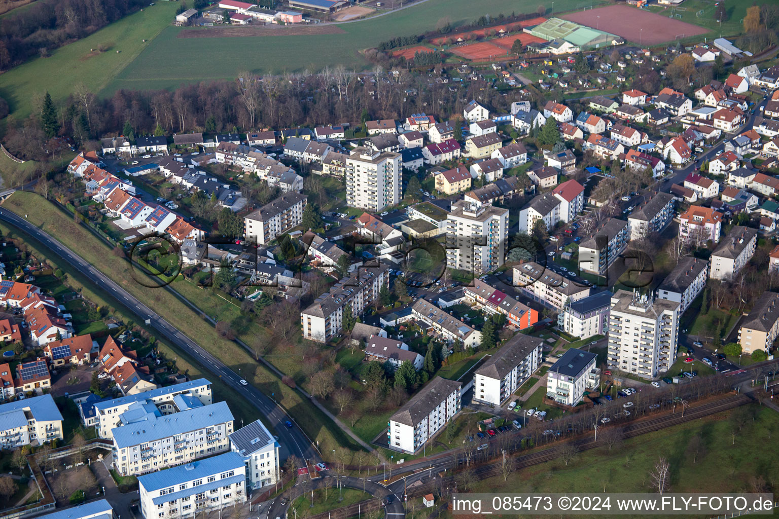 Oberfeldstraße from the east in the district Forchheim in Rheinstetten in the state Baden-Wuerttemberg, Germany