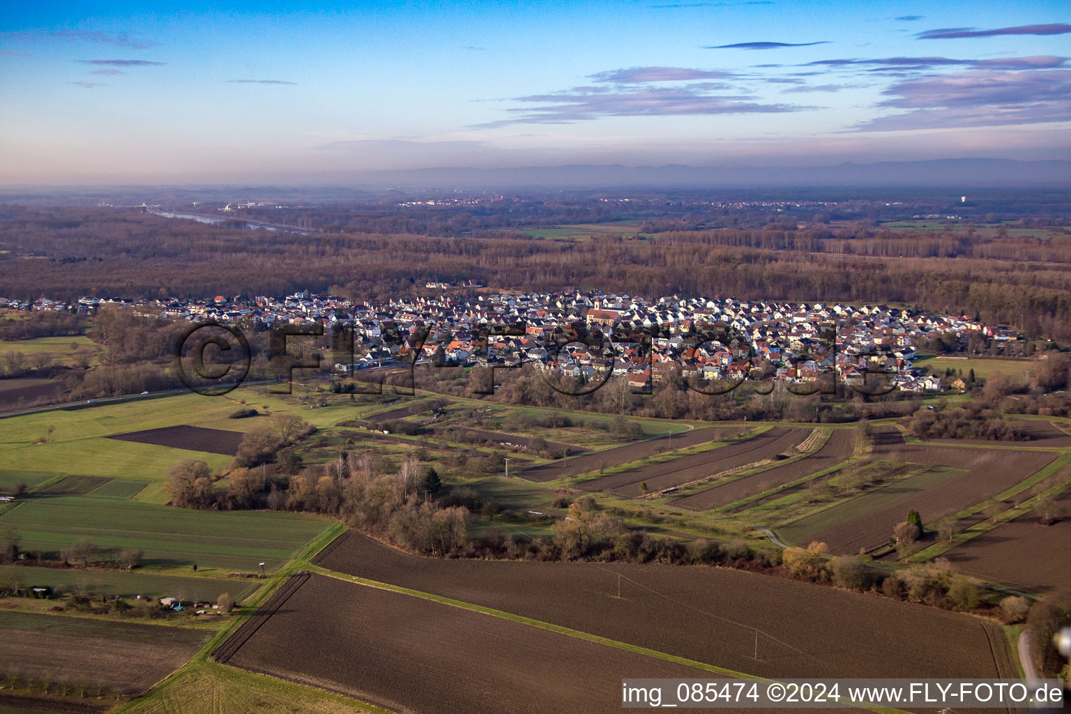 From the east in the district Neuburgweier in Rheinstetten in the state Baden-Wuerttemberg, Germany