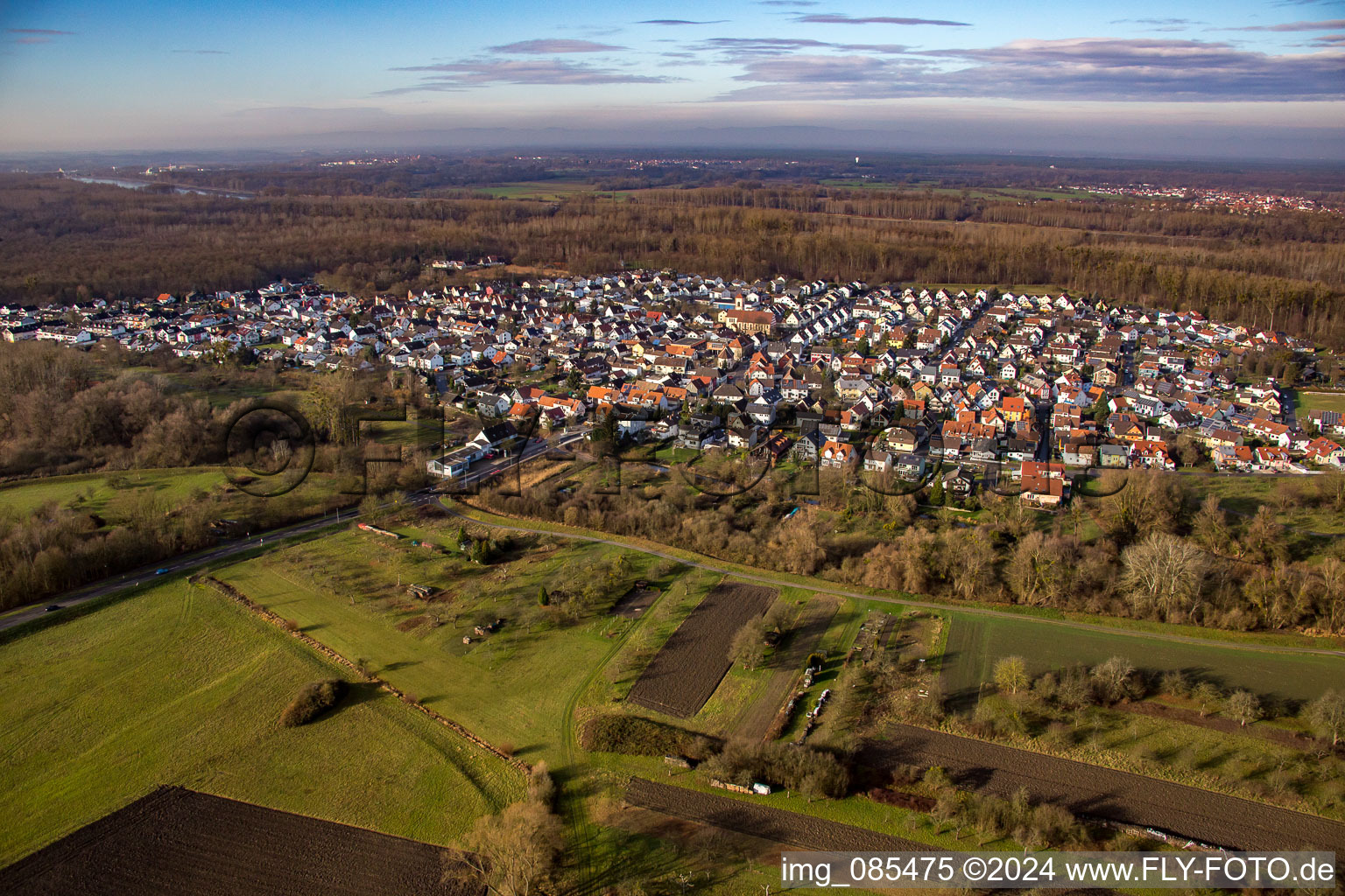 Aerial view of From the east in the district Neuburgweier in Rheinstetten in the state Baden-Wuerttemberg, Germany