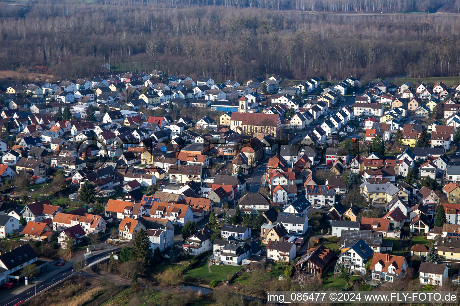 Aerial view of Rheinstr in the district Neuburgweier in Rheinstetten in the state Baden-Wuerttemberg, Germany