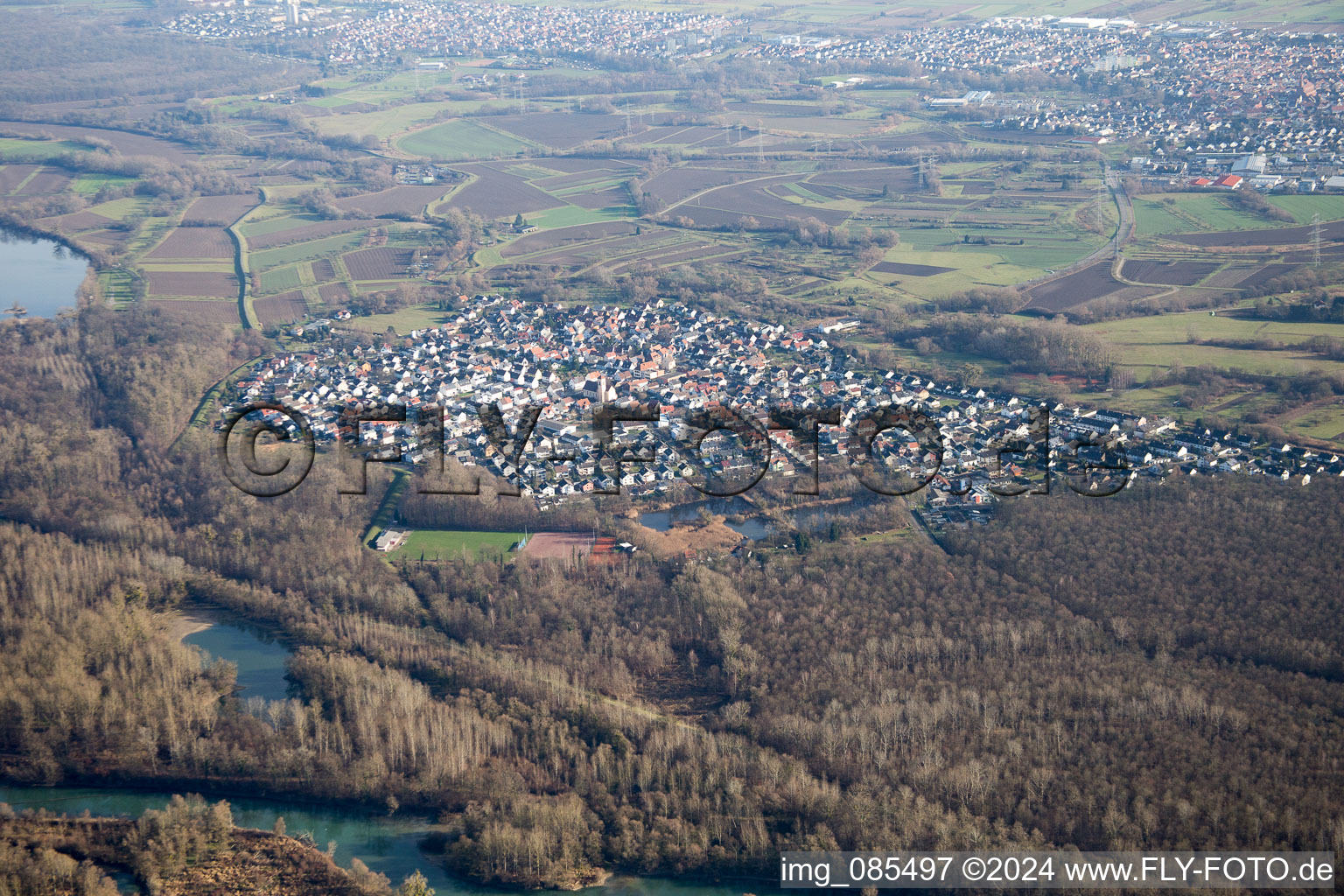 Oblique view of Au am Rhein in the state Baden-Wuerttemberg, Germany