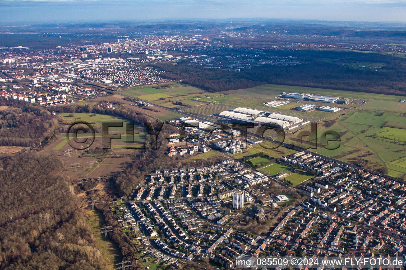 Aerial view of From the southwest in the district Forchheim in Rheinstetten in the state Baden-Wuerttemberg, Germany