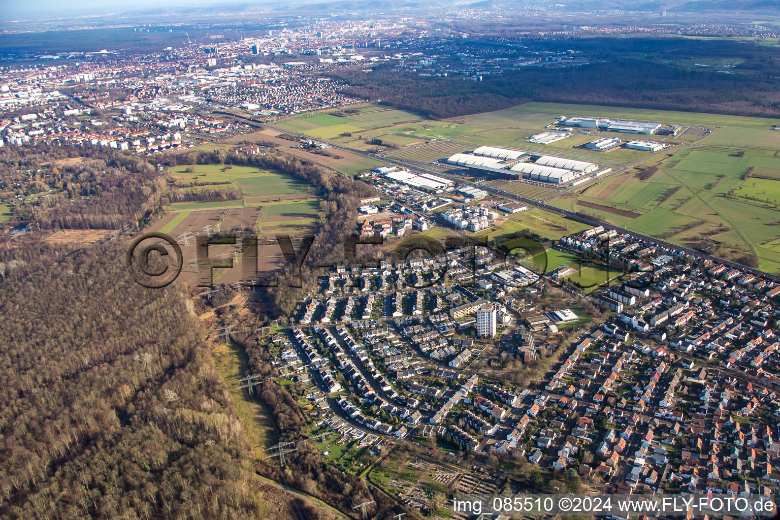 Aerial photograpy of From the southwest in the district Forchheim in Rheinstetten in the state Baden-Wuerttemberg, Germany