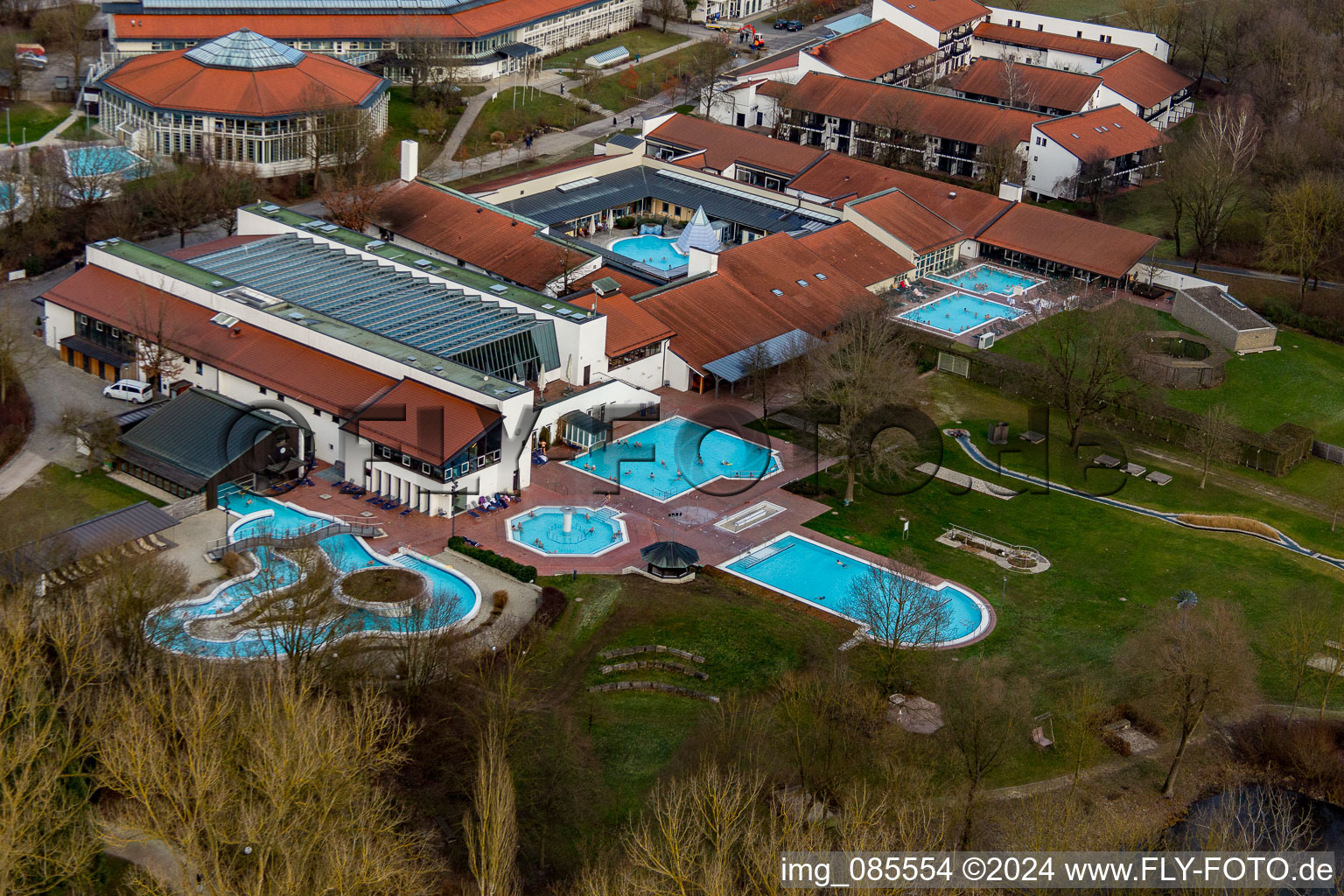 Aerial view of Spa and swimming pools at the swimming pool of the leisure facility Rottal Terme in Bad Birnbach in the state Bavaria