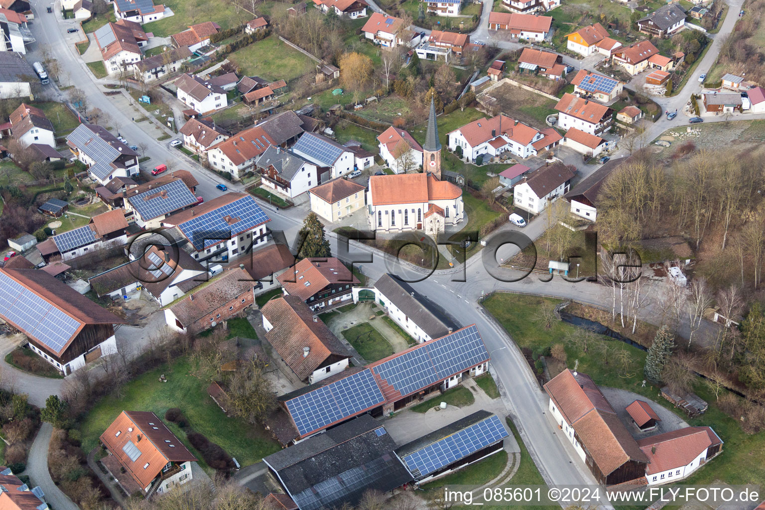 Aerial view of Church building in the village of in the district Hirschbach in Bad Birnbach in the state Bavaria, Germany