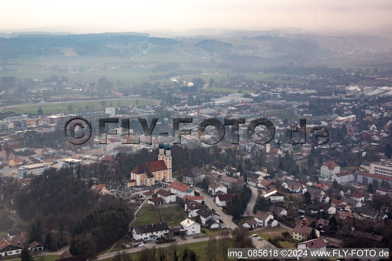 Aerial view of Gartlberg pilgrimage church in Pfarrkirchen in the state Bavaria, Germany