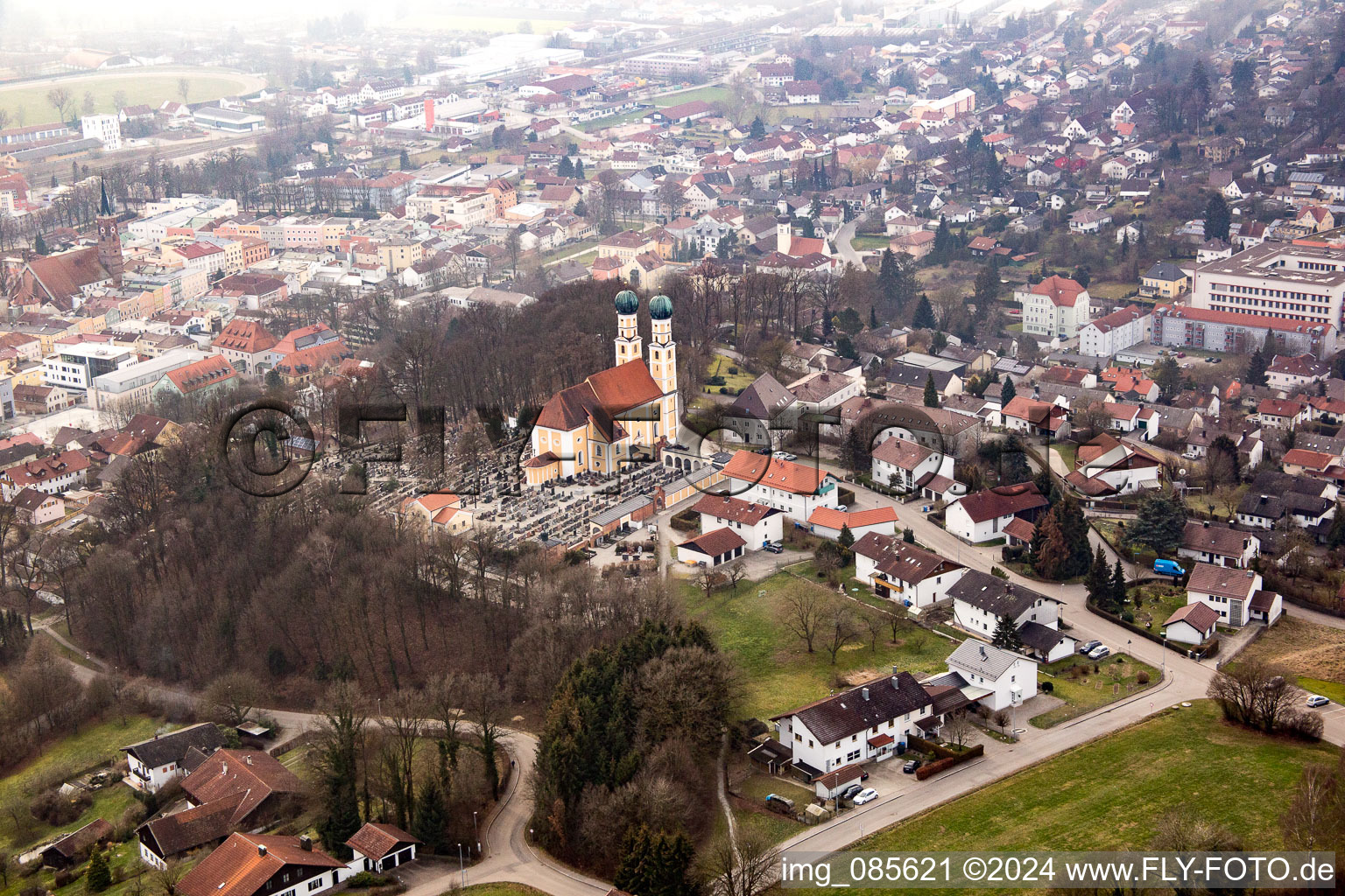 Gartlberg pilgrimage church in Pfarrkirchen in the state Bavaria, Germany from above