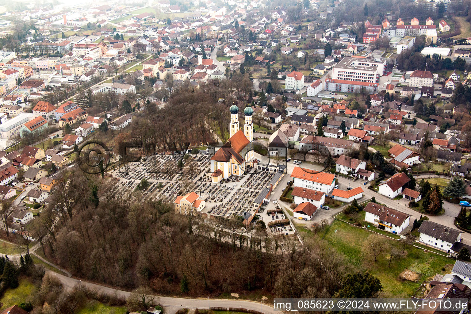 Gartlberg pilgrimage church in Pfarrkirchen in the state Bavaria, Germany seen from above