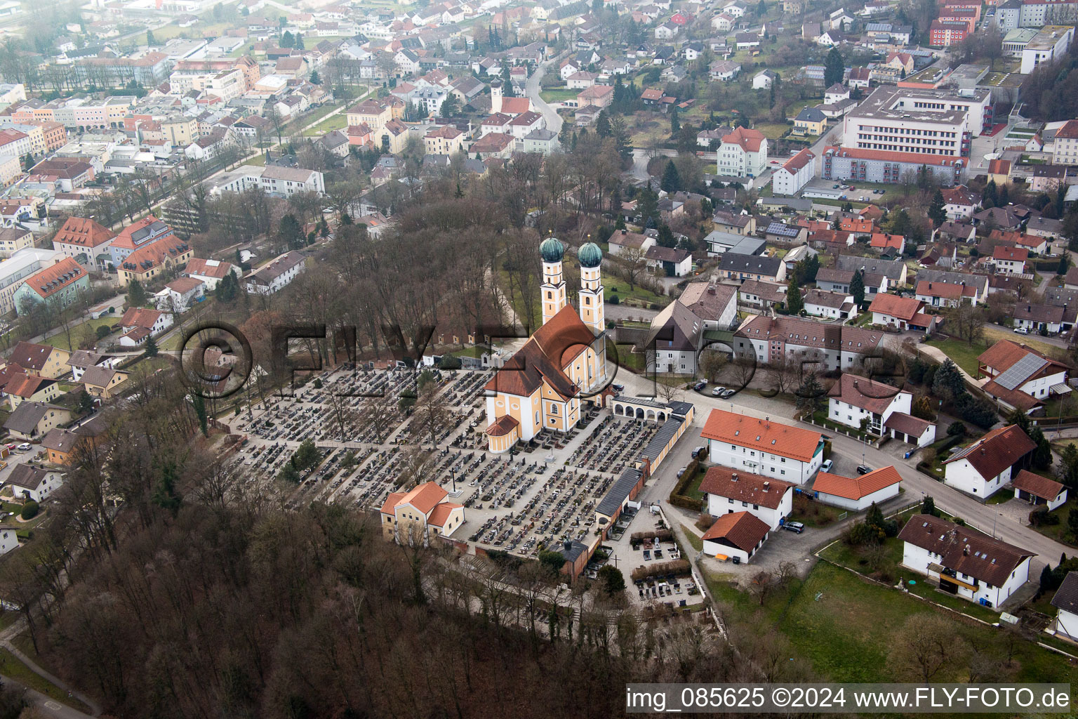 Bird's eye view of Gartlberg pilgrimage church in Pfarrkirchen in the state Bavaria, Germany