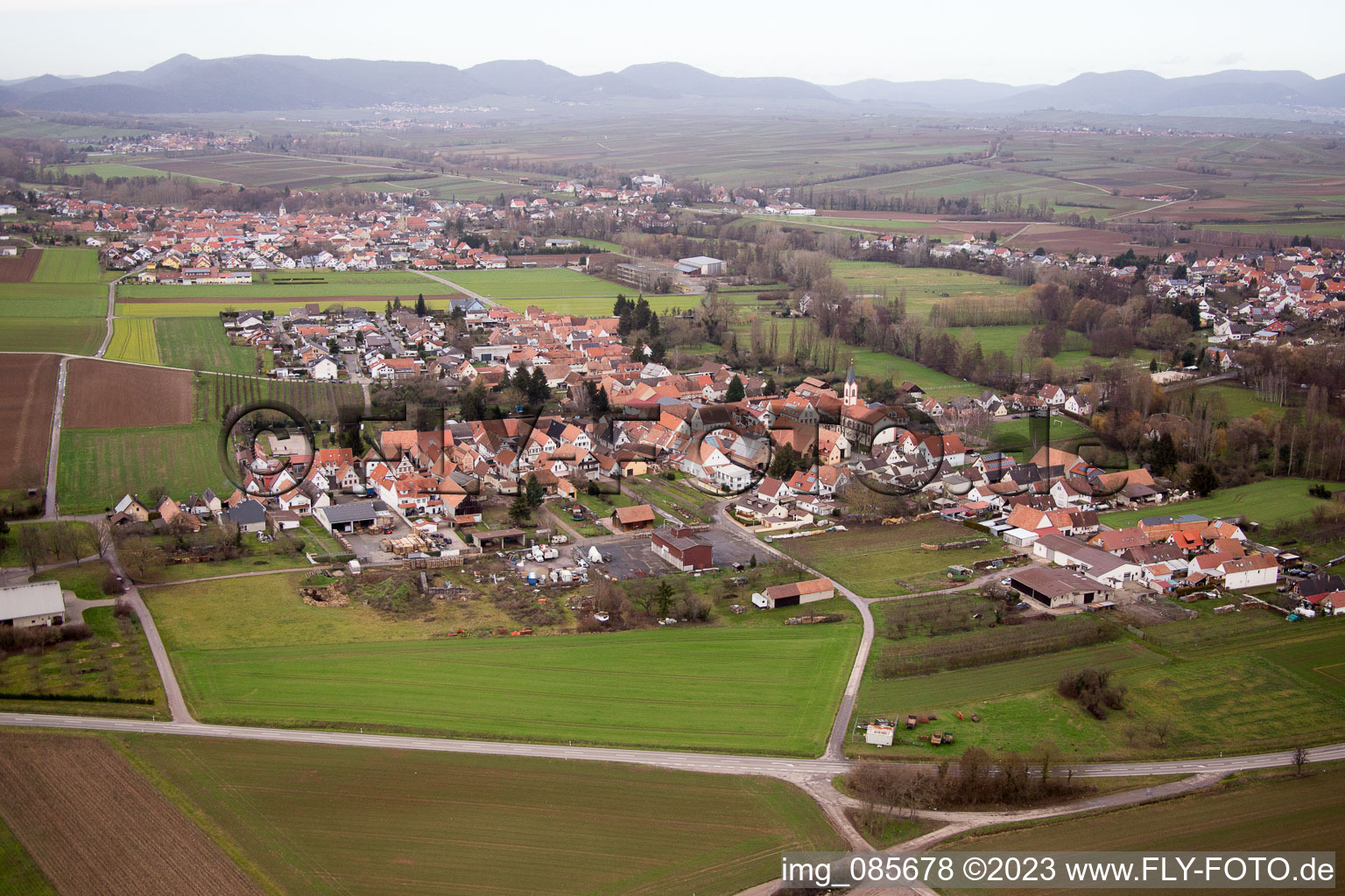 District Mühlhofen in Billigheim-Ingenheim in the state Rhineland-Palatinate, Germany seen from above