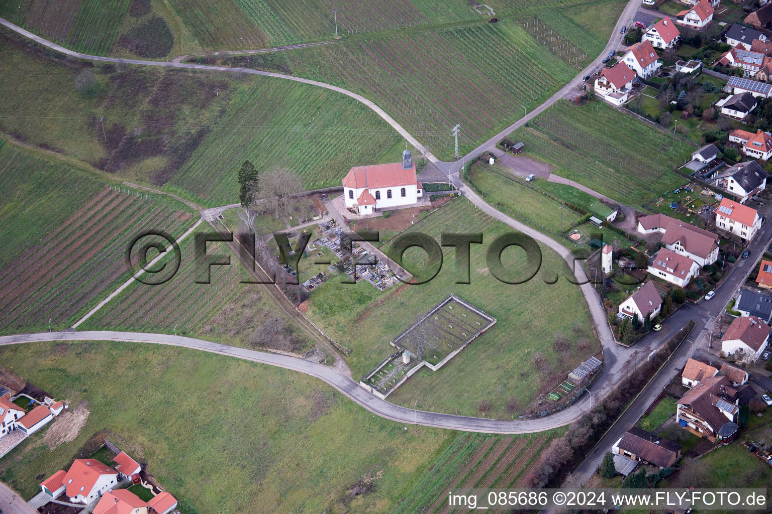 Aerial view of St. Dionysius Chapel in the district Gleiszellen in Gleiszellen-Gleishorbach in the state Rhineland-Palatinate, Germany