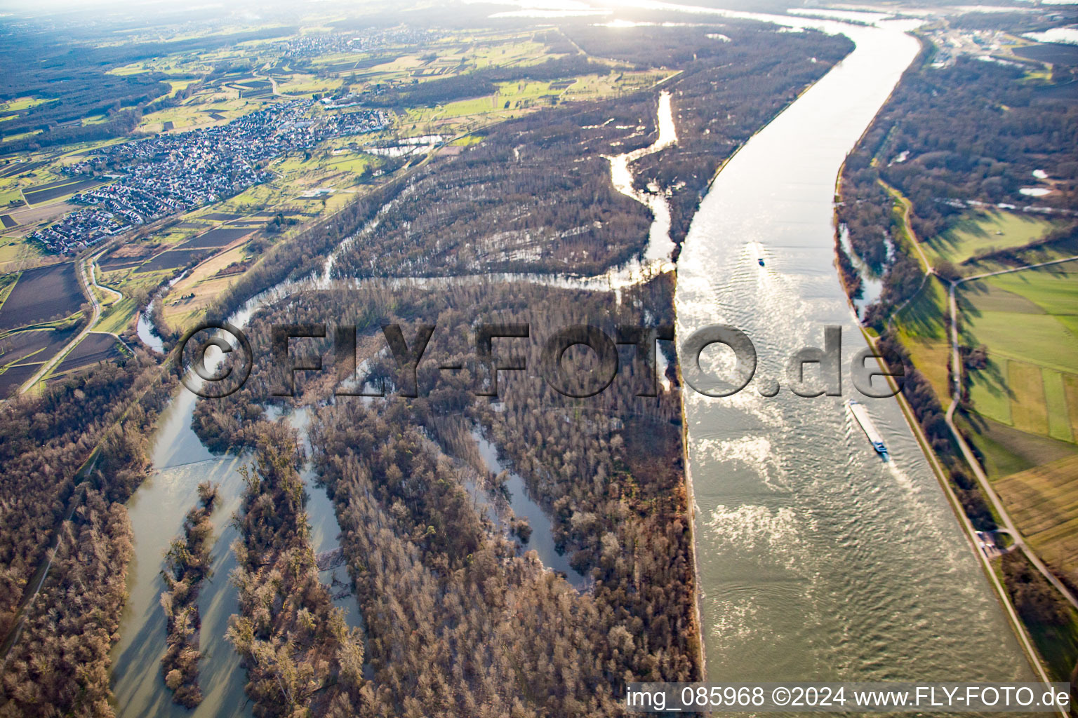 Aerial view of Auer Köpfle Illinger Altrheinauen in Au am Rhein in the state Baden-Wuerttemberg, Germany