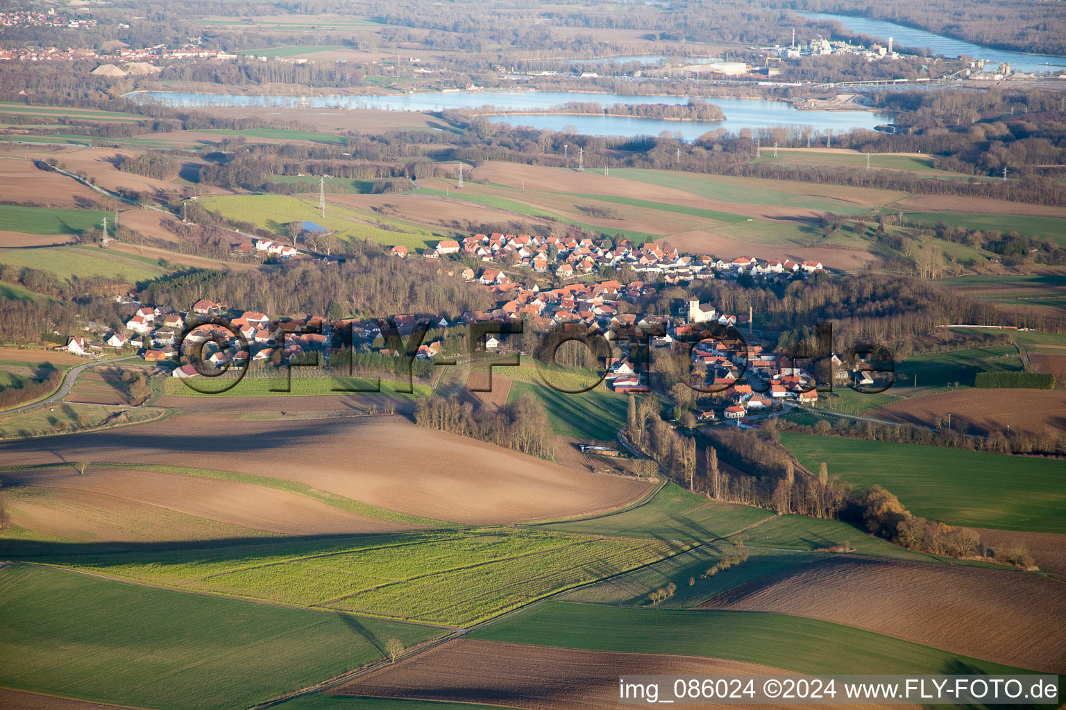 Neewiller-près-Lauterbourg in the state Bas-Rhin, France viewn from the air