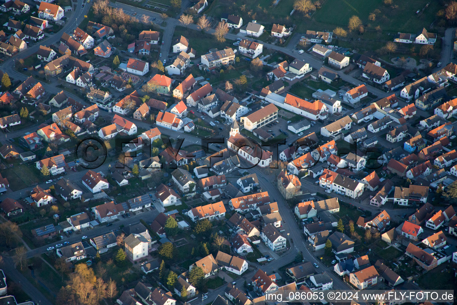 Aerial view of Town View of the streets and houses of the residential areas in the district Illingen in Elchesheim-Illingen in the state Baden-Wurttemberg