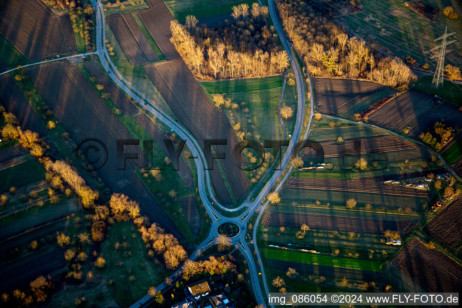 Roundabout in Winter in evening light in Elchesheim-Illingen in the state Baden-Wurttemberg