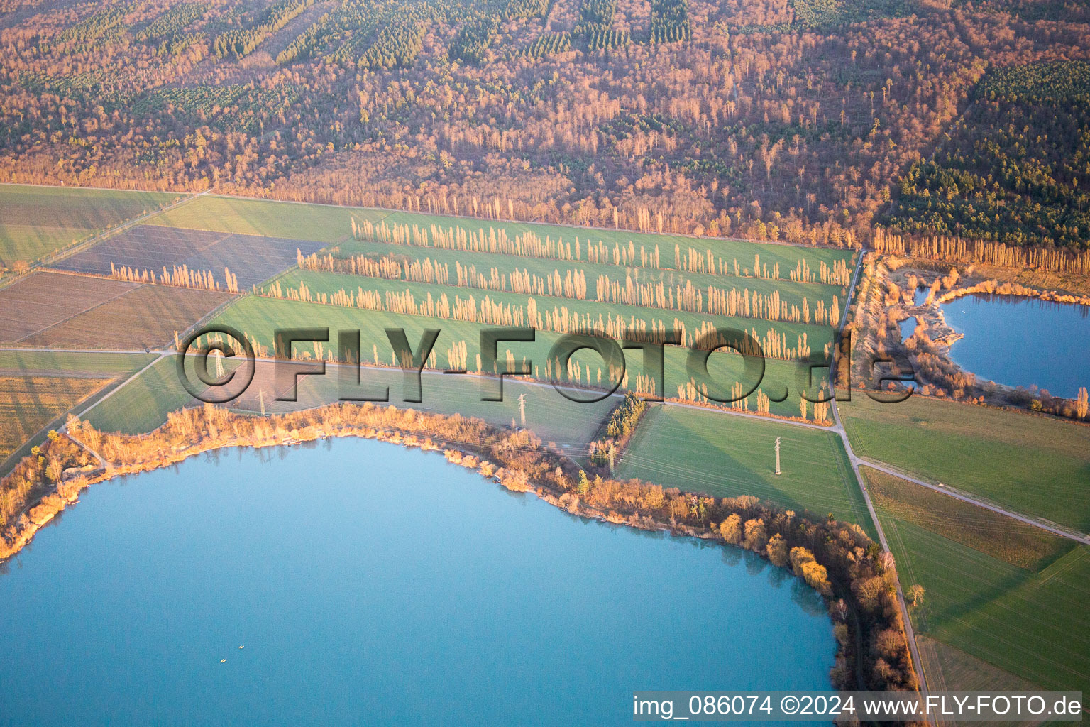 Aerial view of Gravel pit at Hardtwald in Durmersheim in the state Baden-Wuerttemberg, Germany