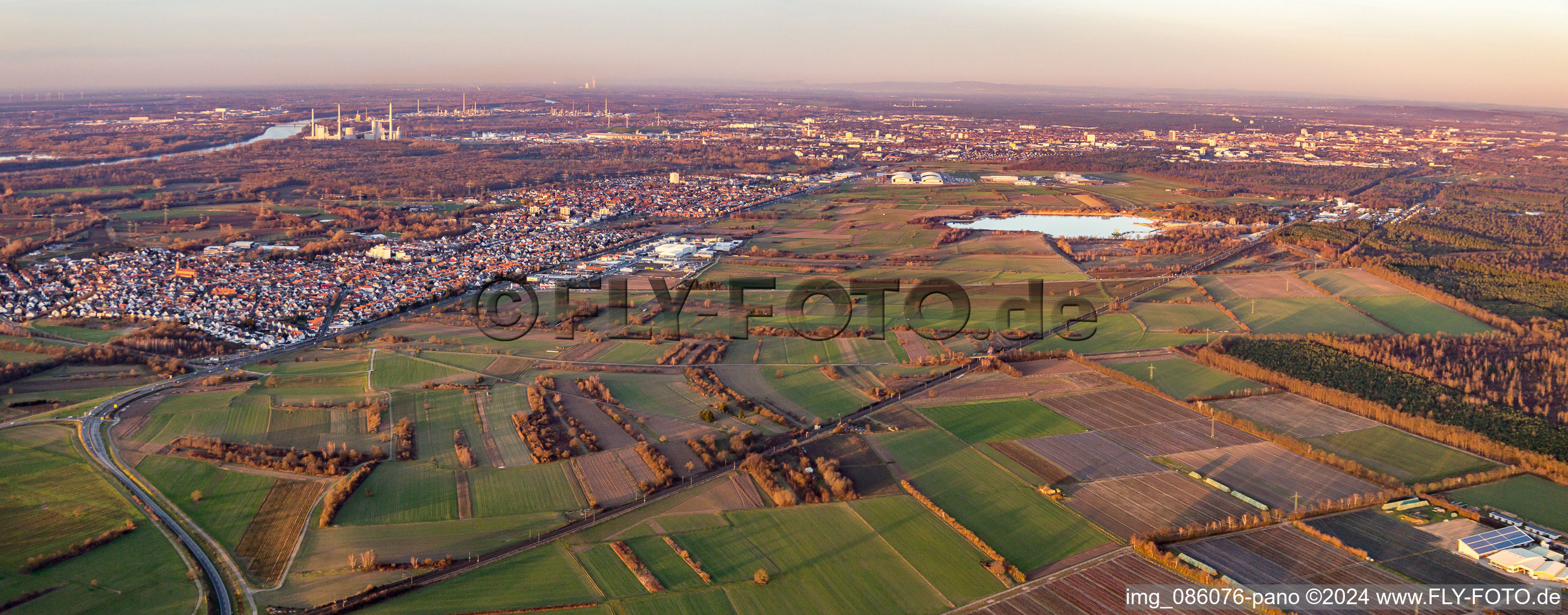 Panoramic perspective Town on the banks of the river of the Rhine river in the district Moersch in Rheinstetten in the state Baden-Wurttemberg, Germany