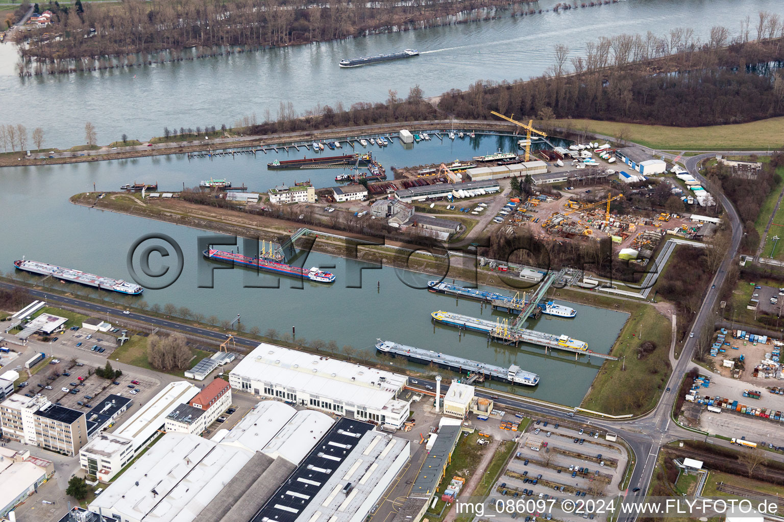 Quays and boat moorings at the port of the inland port on the Rhine river in Speyer in the state Rhineland-Palatinate, Germany