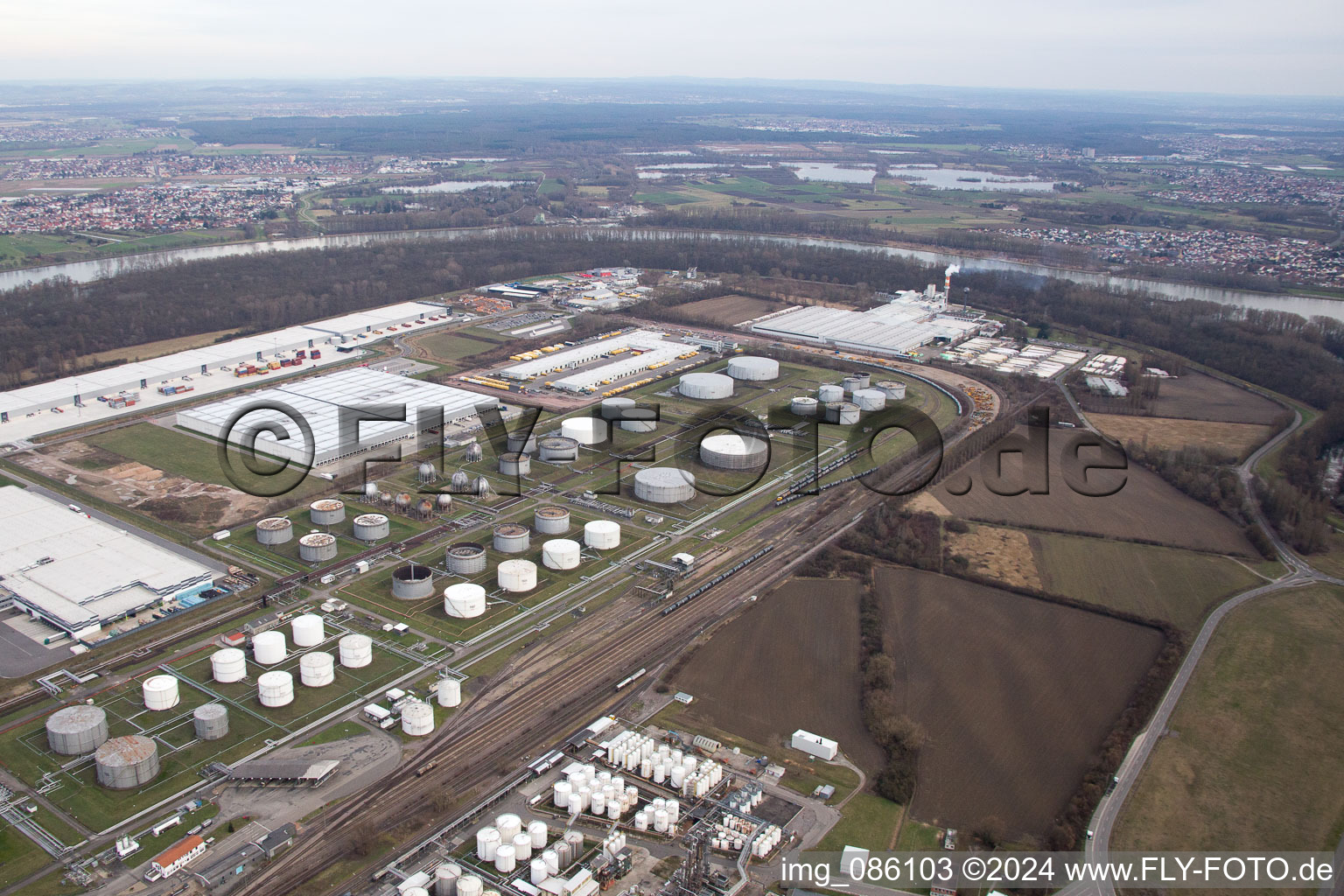 Aerial view of Industrial area at the airport in Speyer in the state Rhineland-Palatinate, Germany